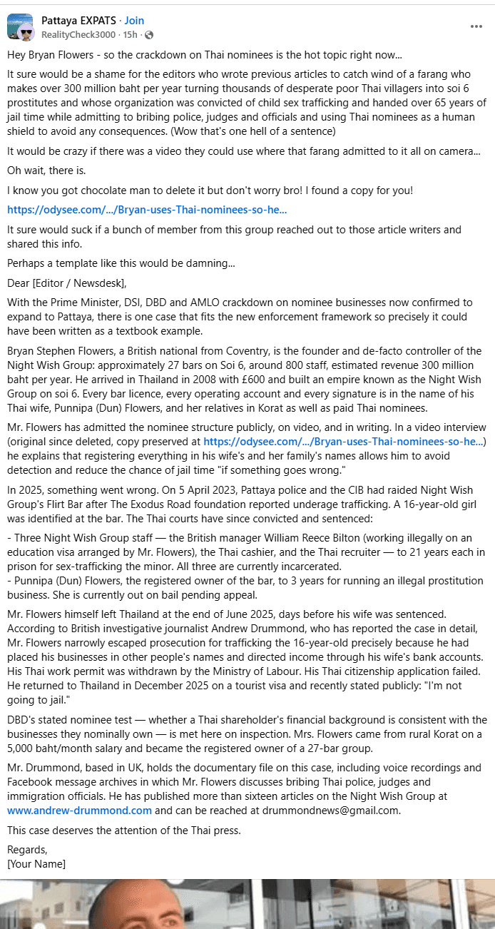 Pattaya EXPATS group post by burner profile 'RealityCheck3000', 20 May 2026 — full 'Dear Editor' template targeting Bryan Flowers