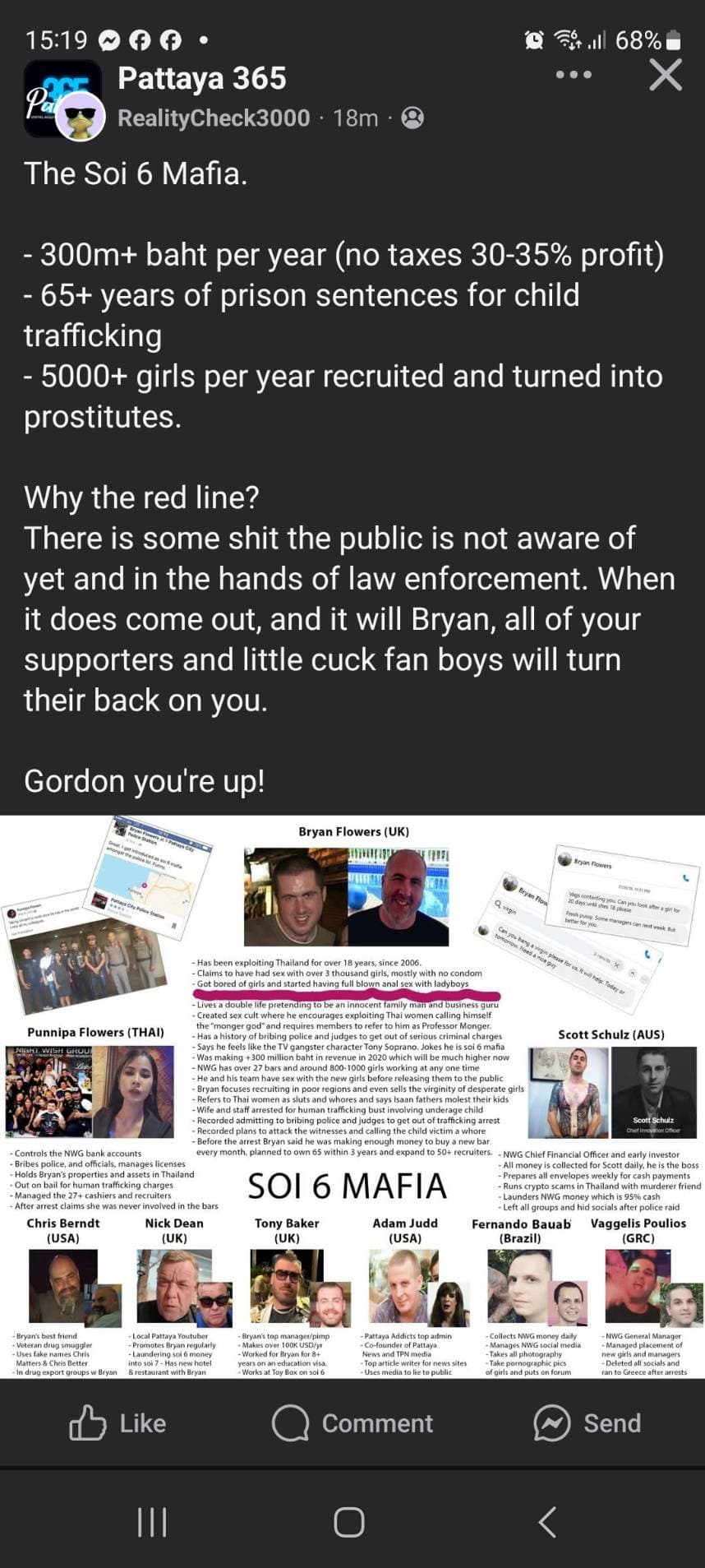 Pattaya 365 group post by 'RealityCheck3000' burner profile, 10 June 2026, titled 'The Soi 6 Mafia.' with the wanted-poster flyer attached