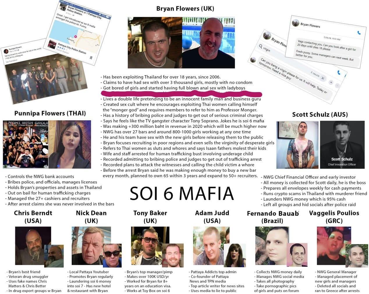 The 'SOI 6 MAFIA' graphic-design wanted-poster flyer naming nine individuals, with three alleged chat screenshots top-right and a red highlight under the 'ladyboys' bullet