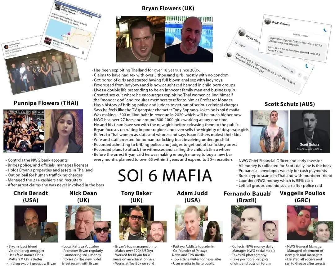 The 'SOI 6 MAFIA' nine-person poster as re-circulated on 1 September 2026, identical to the 10 June version except that the fourth bullet under Bryan Flowers' name, scribbled out in June, now reads 'Progressed from ladyboys and is now caught red handed in child porn groups'