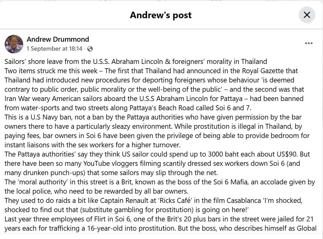 Andrew Drummond's personal Facebook profile post of 1 September 2026 at 18:14, full text, ending 'The moral authority in this street is a Brit, known as the boss of the Soi 6 Mafia, an accolade given by the local police, who need to be rewarded by all bar owners' and linking to his article