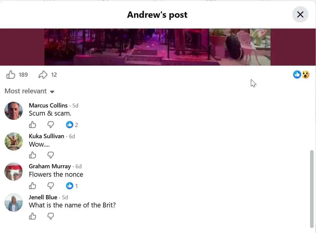 The same 1 September 2026 Drummond post showing 189 likes and 12 shares, and the comments beneath it: 'Scum & scam.', 'Wow....', 'Flowers the nonce', 'What is the name of the Brit?'