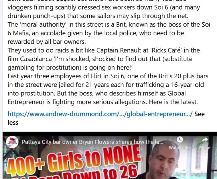 The end of Andrew Drummond's 1 September 2026 post on his profile timeline — 'But the boss, who describes himself as Global Entrepreneur is fighting more serious allegations. Here is the latest.' followed by the andrew-drummond.com link — with an embedded YouTube thumbnail titled 'Pattaya City bar owner Bryan Flowers shares how the la… 400+ Girls to NONE 31 Bars Down to 26 — BRYAN FLOWERS The HONEST Truth'