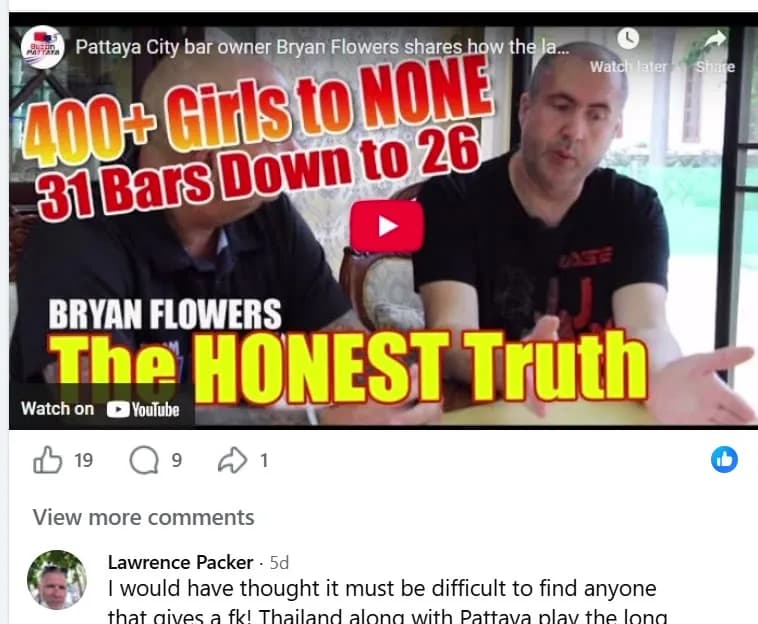 Engagement on the 1 September 2026 timeline post: 19 likes, 9 comments, 1 share, and a comment reading 'I would have thought it must be difficult to find anyone that gives a fk! Thailand along with Pattaya play the long game'