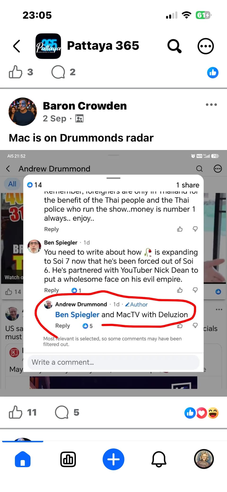 A Pattaya 365 post captioned 'Mac is on Drummonds radar' reproducing comments under an Andrew Drummond post: a commenter writes 'You need to write about how [wilted-rose emoji] is expanding to Soi 7 now that he's been forced out of Soi 6. He's partnered with YouTuber Nick Dean to put a wholesome face on his evil empire', and Andrew Drummond replies as Author: 'Ben Spiegler and MacTV with Deluzion'