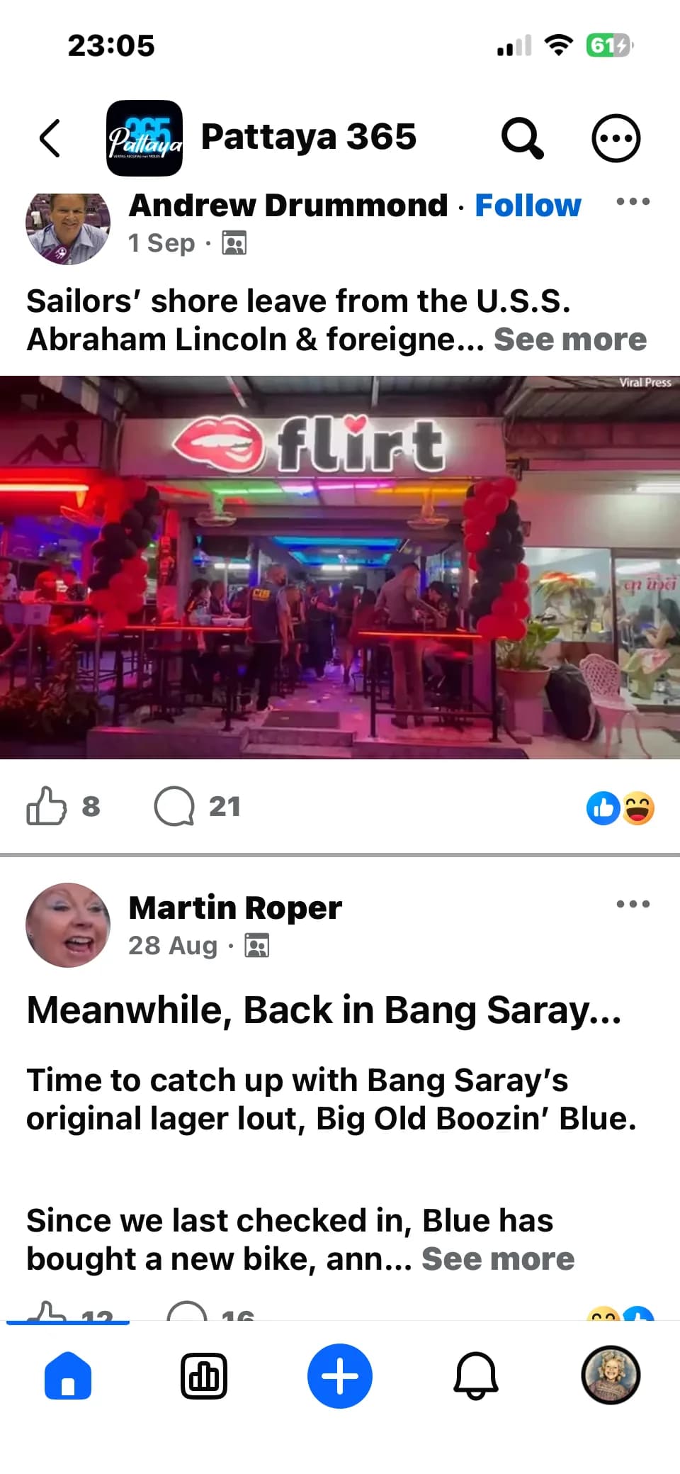 The Pattaya 365 Facebook group showing Andrew Drummond's 1 September 2026 post — 'Sailors' shore leave from the U.S.S. Abraham Lincoln & foreigners' morality in Thailand' — with the Flirt bar photograph, 8 likes and 21 comments