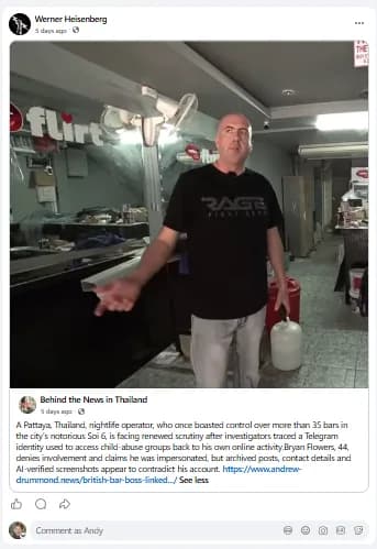 A Facebook account named 'Werner Heisenberg' sharing the 'Behind the News in Thailand' page post of Drummond's 1 September 2026 article, showing a still of Bryan Flowers in the Flirt bar
