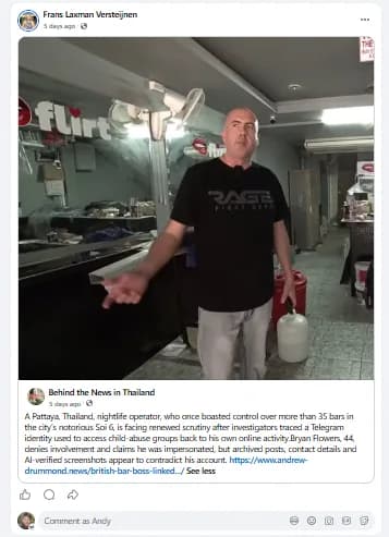 A second Facebook account, 'Frans Laxman Versteijnen', sharing the identical 'Behind the News in Thailand' post of Drummond's 1 September 2026 article