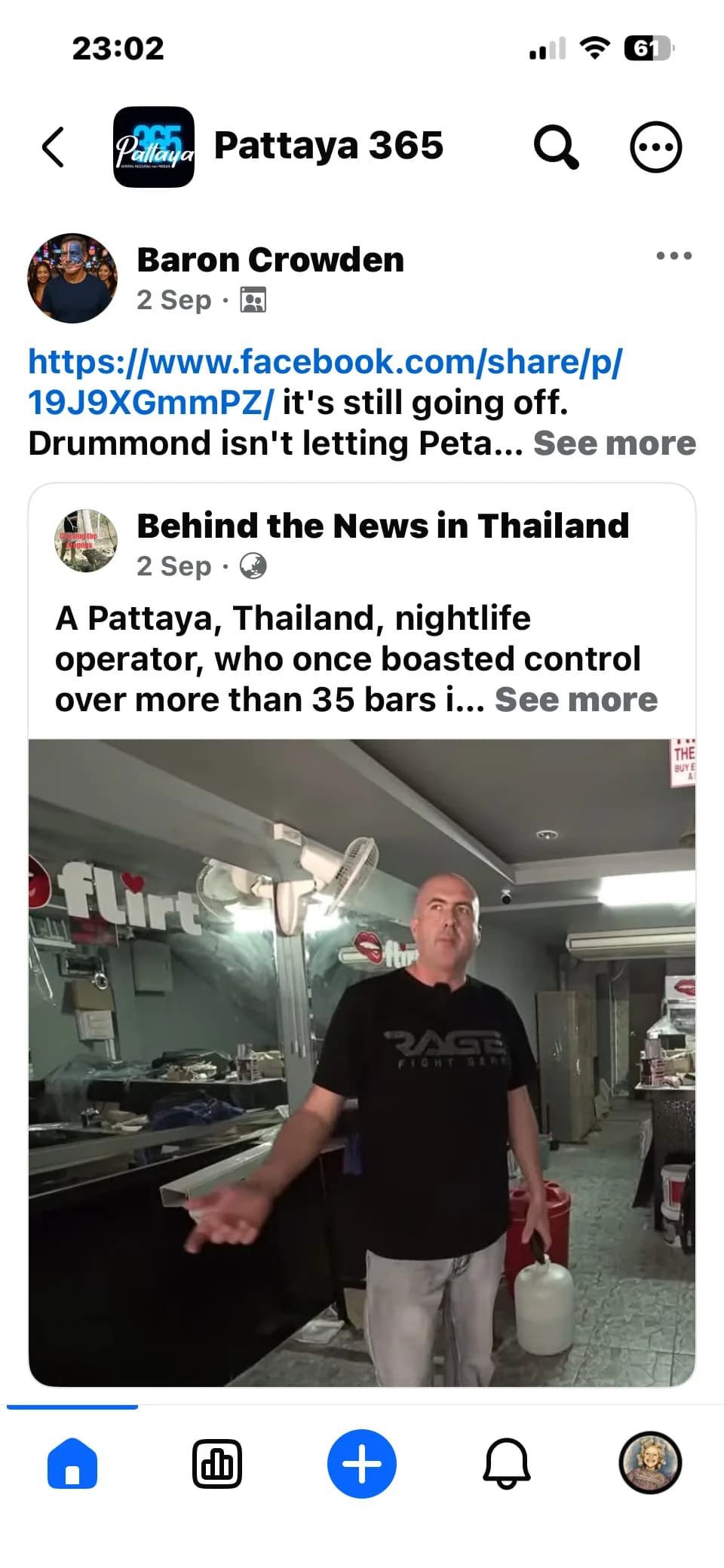 A Pattaya 365 group member sharing the Behind the News in Thailand post on 2 September 2026 with the text 'https://www.facebook.com/share/p/19J9XGmmPZ/ it's still going off. Drummond isn't letting Peta…'