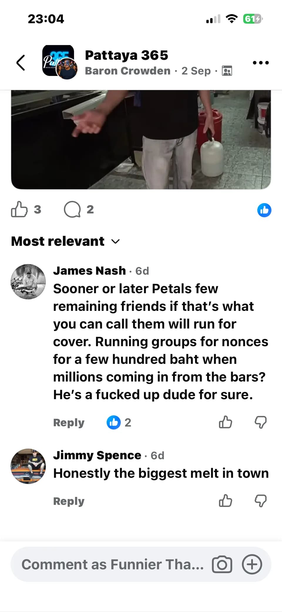 Comments under the Pattaya 365 share: 'Sooner or later Petals few remaining friends if that's what you can call them will run for cover. Running groups for nonces for a few hundred baht when millions coming in from the bars? He's a fucked up dude for sure.' and 'Honestly the biggest melt in town'