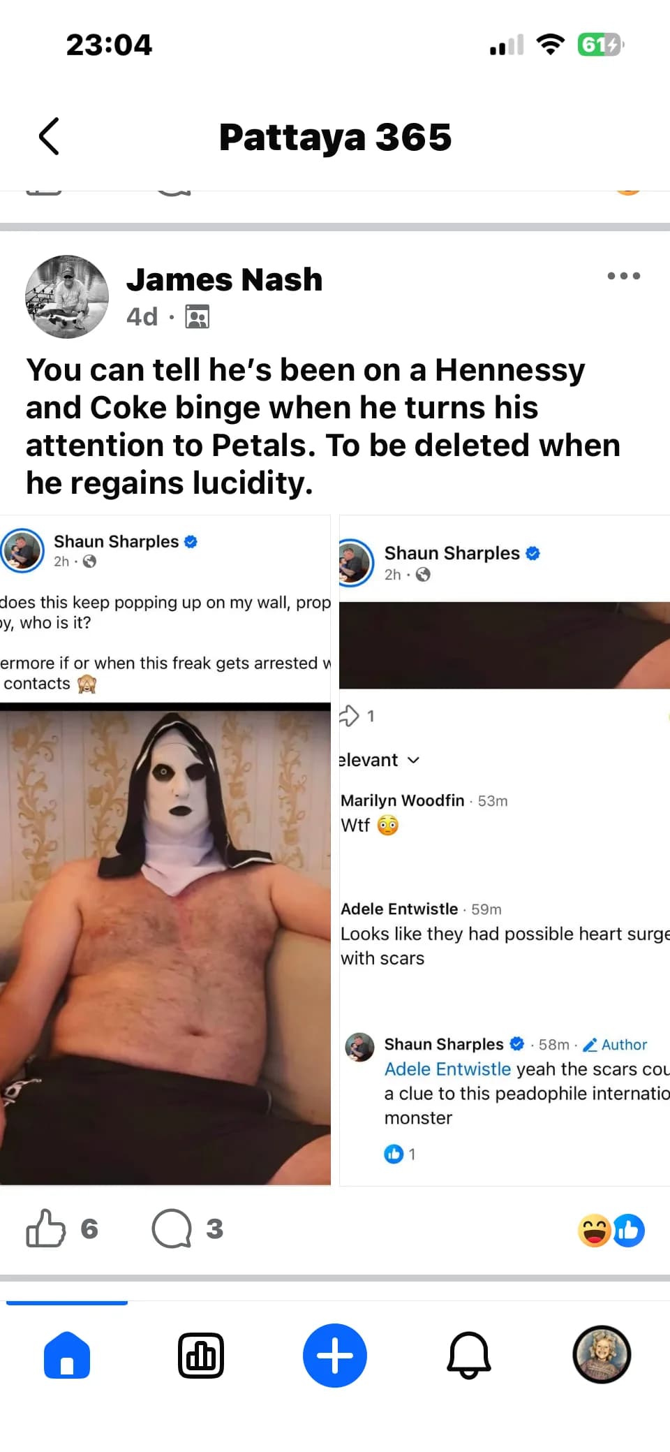 A Pattaya 365 post captioned 'You can tell he's been on a Hennessy and Coke binge when he turns his attention to Petals. To be deleted when he regains lucidity' reproducing a verified account's posts about a photograph of a masked man, with the account's reply 'yeah the scars could be a clue to this peadophile international monster'