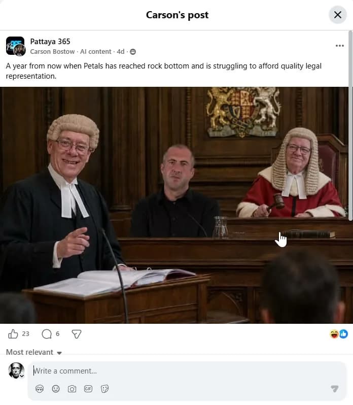 A Pattaya 365 post marked 'AI content' reading 'A year from now when Petals has reached rock bottom and is struggling to afford quality legal representation', with an AI-generated courtroom image of a man resembling Bryan Flowers in the dock between two bewigged figures, 23 likes