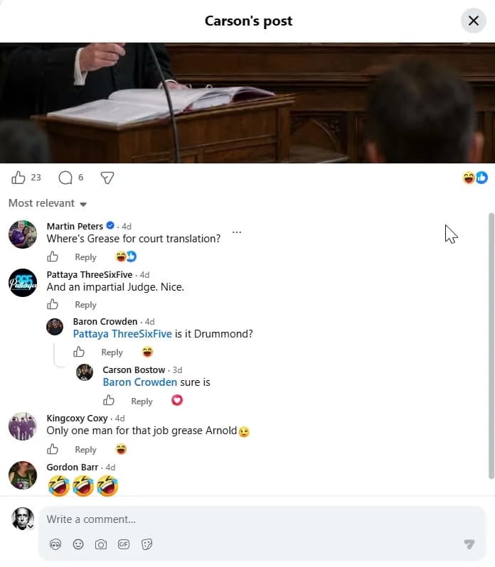 Comments under the AI courtroom image: 'Where's Grease for court translation?', the group admin 'And an impartial Judge. Nice.', a member 'is it Drummond?', the poster 'sure is', and laughing emojis from Gordon Barr