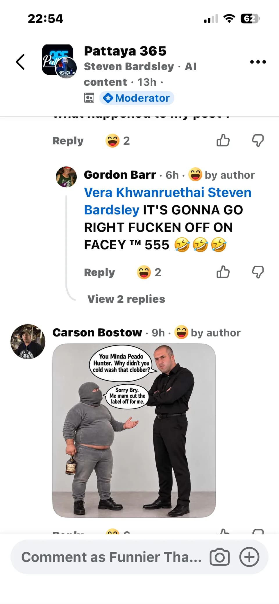 A Pattaya 365 thread with a moderator's 'AI content' post; a comment from Gordon Barr reading 'IT'S GONNA GO RIGHT FUCKEN OFF ON FACEY 555'; and an AI image of a masked man saying 'Sorry Bry. Me mam cut the label off for me' to a man in black saying 'You Minda Peado Hunter. Why didn't you cold wash that clobber?'