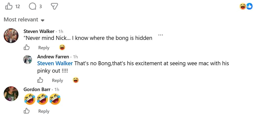 Comments under the 'Minda Man' image: 'Never mind Nick… I know where the bong is hidden', a reply, and three laughing emojis from Gordon Barr