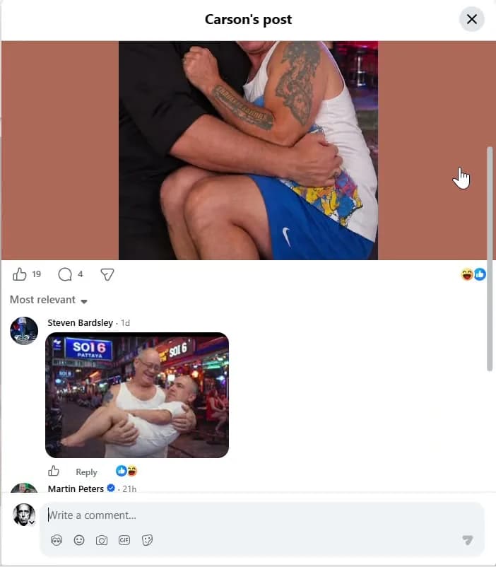 A Pattaya 365 post with a manipulated photograph of a man resembling Bryan Flowers carrying a shirtless masked man, and moderator comments adding further manipulated images captioned 'SOI 6 PATTAYA' and 'MINDA HOUSE', 19 likes