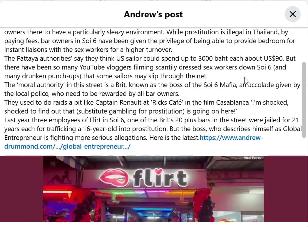 The continuation of Andrew Drummond's 1 September 2026 profile post, ending 'But the boss, who describes himself as Global Entrepreneur is fighting more serious allegations. Here is the latest.' with the andrew-drummond.com link and the Flirt bar photograph
