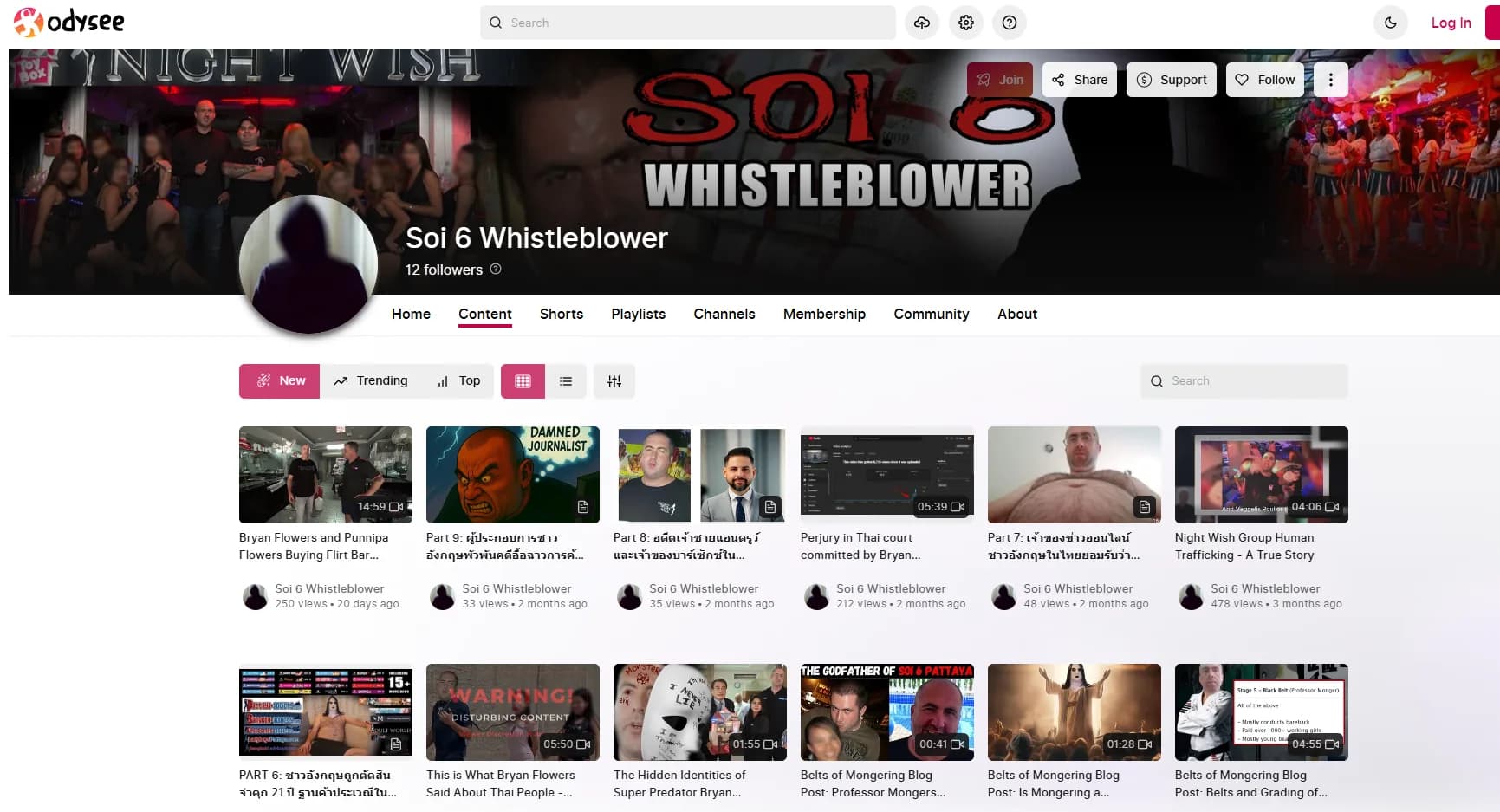 Odysee channel home page for @Soi6Whistleblower, showing the channel banner 'SOI 6 WHISTLEBLOWER' with the Night Wish group logo background, 12 followers, and the first page of defamatory video thumbnails targeting Bryan Flowers