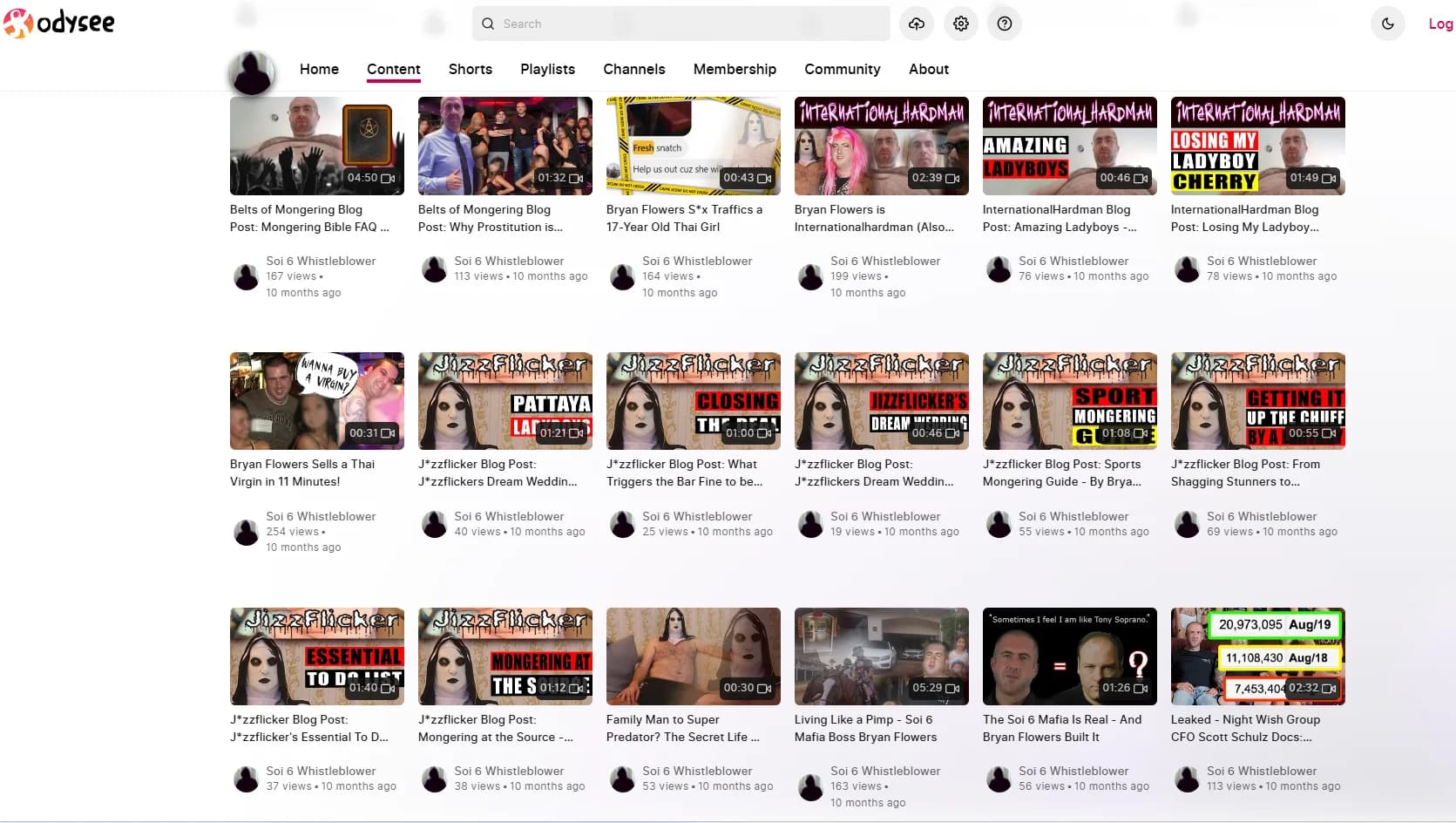 Second page of the Odysee @Soi6Whistleblower channel showing a grid of video thumbnails including 'Bryan Flowers Sells a Thai Virgin in 11 Minutes', 'Family Man to Super Predator', 'Living Like a Pimp', 'JizzFlicker Blog Post', and 'Mongering Bible' — inflammatory titles on a channel targeting a private individual