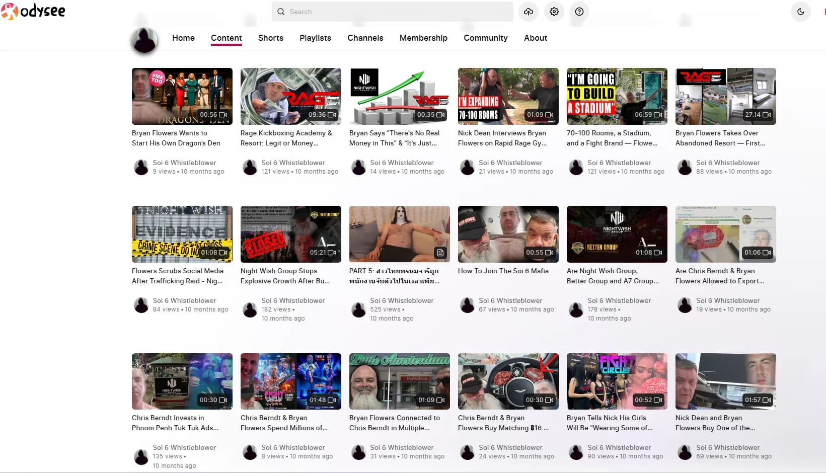 Third page of the channel with thumbnails including 'Bryan Flowers and the Chris Berndt relationship', 'Night Wish Group Stops Explosive Growth After Bust', 'PART 1 THAI', 'Flowers Scrubs Social Media After Trafficking Raid' — each thumbnail contains still images of Bryan or his wife from normal business contexts now used as evidence of alleged wrongdoing