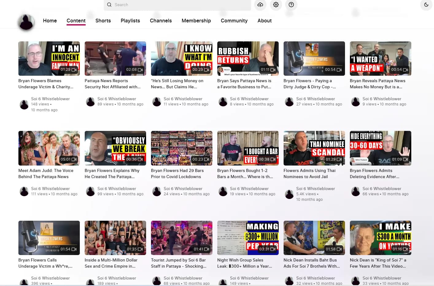 Fifth page with thumbnails including 'I AM AN INNOCENT MAN', 'I KNOW WHAT I'M DOING', 'RUBBISH RETURNS', 'THAI MOMS A KID SCANDAL', 'I WANTED TO BUILD' — Bryan's words stripped of context and overlaid on the same thumbnail images