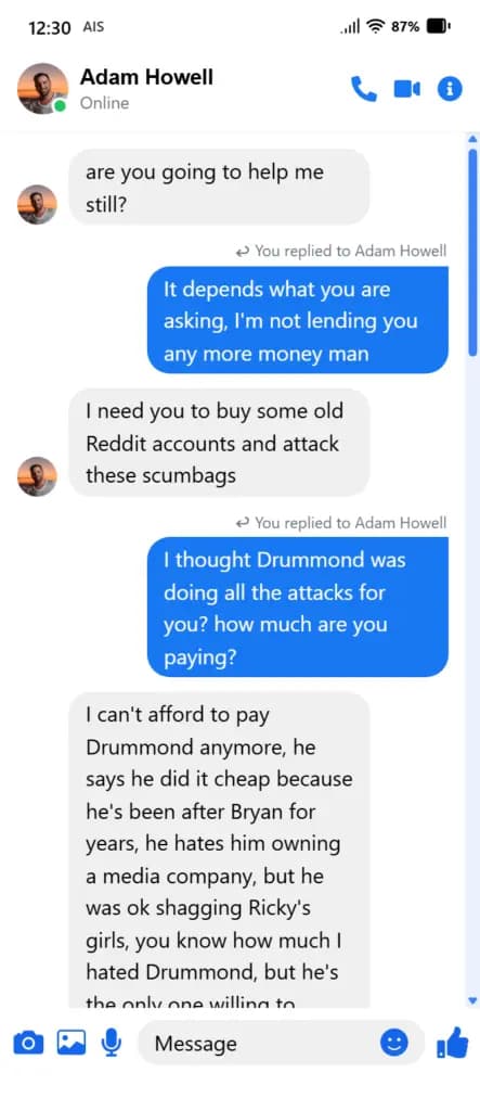 Facebook Messenger conversation — Adam Howell message 1 of 5