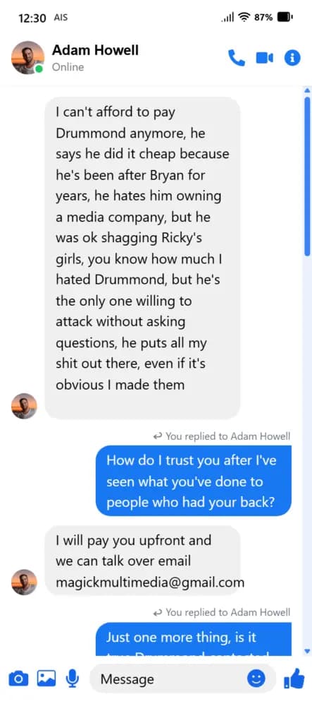 Facebook Messenger conversation — Adam Howell message 2 of 5