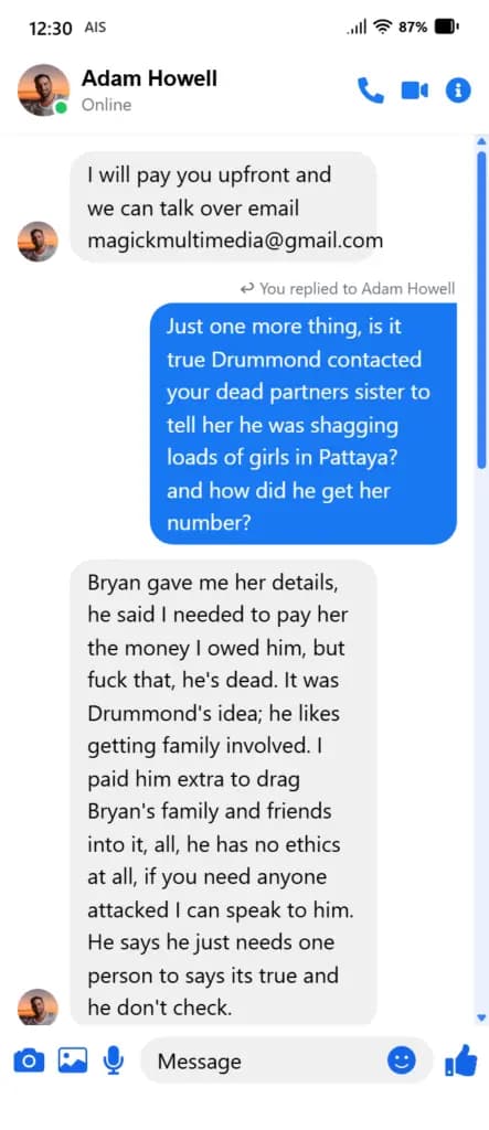 Facebook Messenger conversation — Adam Howell message 3 of 5