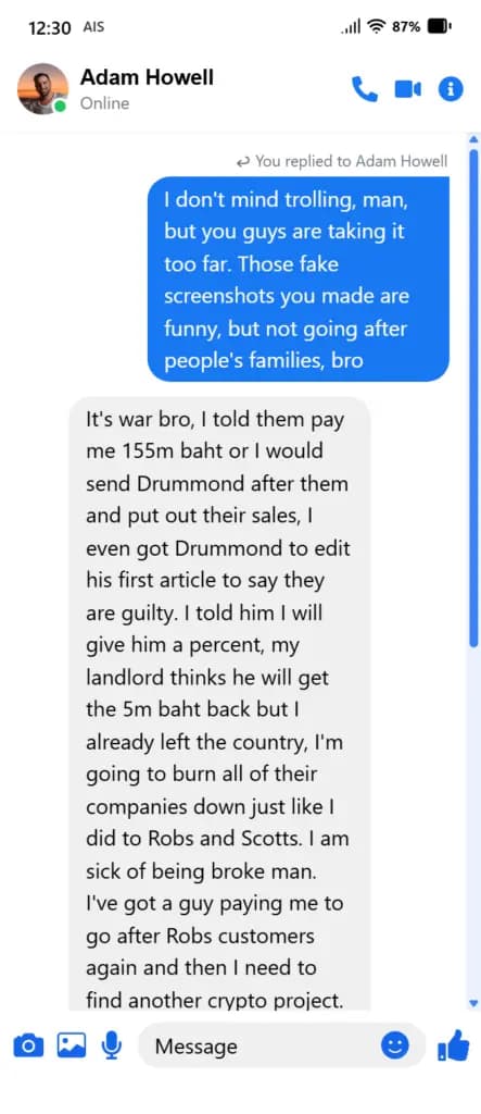 Facebook Messenger conversation — Adam Howell message 4 of 5