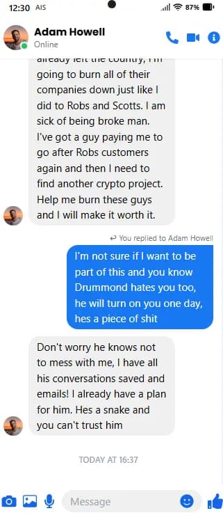Facebook Messenger conversation — Adam Howell message 5 of 5