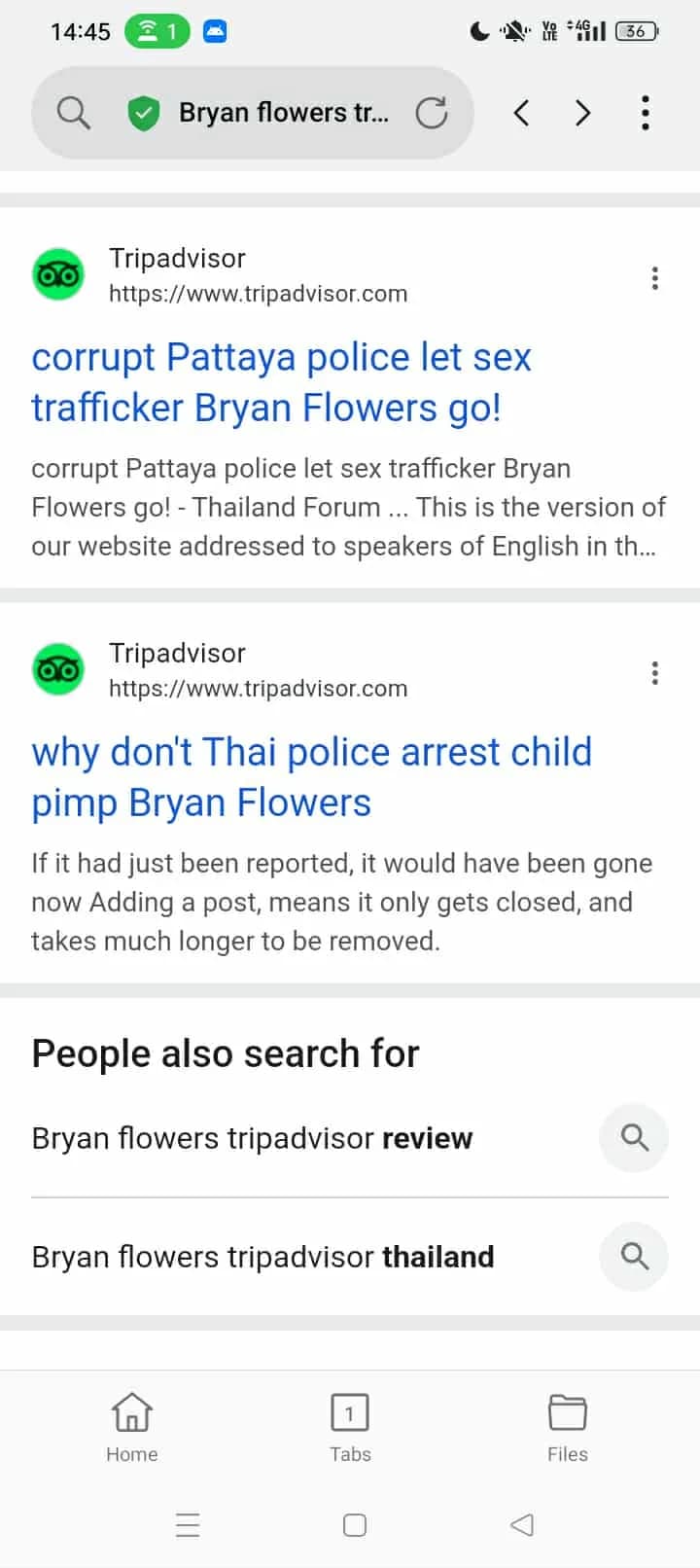 Mobile search results showing two TripAdvisor forum posts: 'corrupt Pattaya police let sex trafficker Bryan Flowers go!' and 'why don't Thai police arrest child pimp Bryan Flowers' — the second post's snippet explicitly discusses how fast TripAdvisor removes reported posts