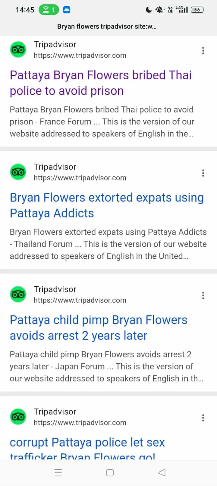 Mobile search results showing four TripAdvisor forum posts across three regional forums: 'Pattaya Bryan Flowers bribed Thai police to avoid prison' (France Forum), 'Bryan Flowers extorted expats using Pattaya Addicts' (Thailand Forum), 'Pattaya child pimp Bryan Flowers avoids arrest 2 years later' (Japan Forum), and 'corrupt Pattaya police let sex trafficker Bryan Flowers go!' (Thailand Forum)