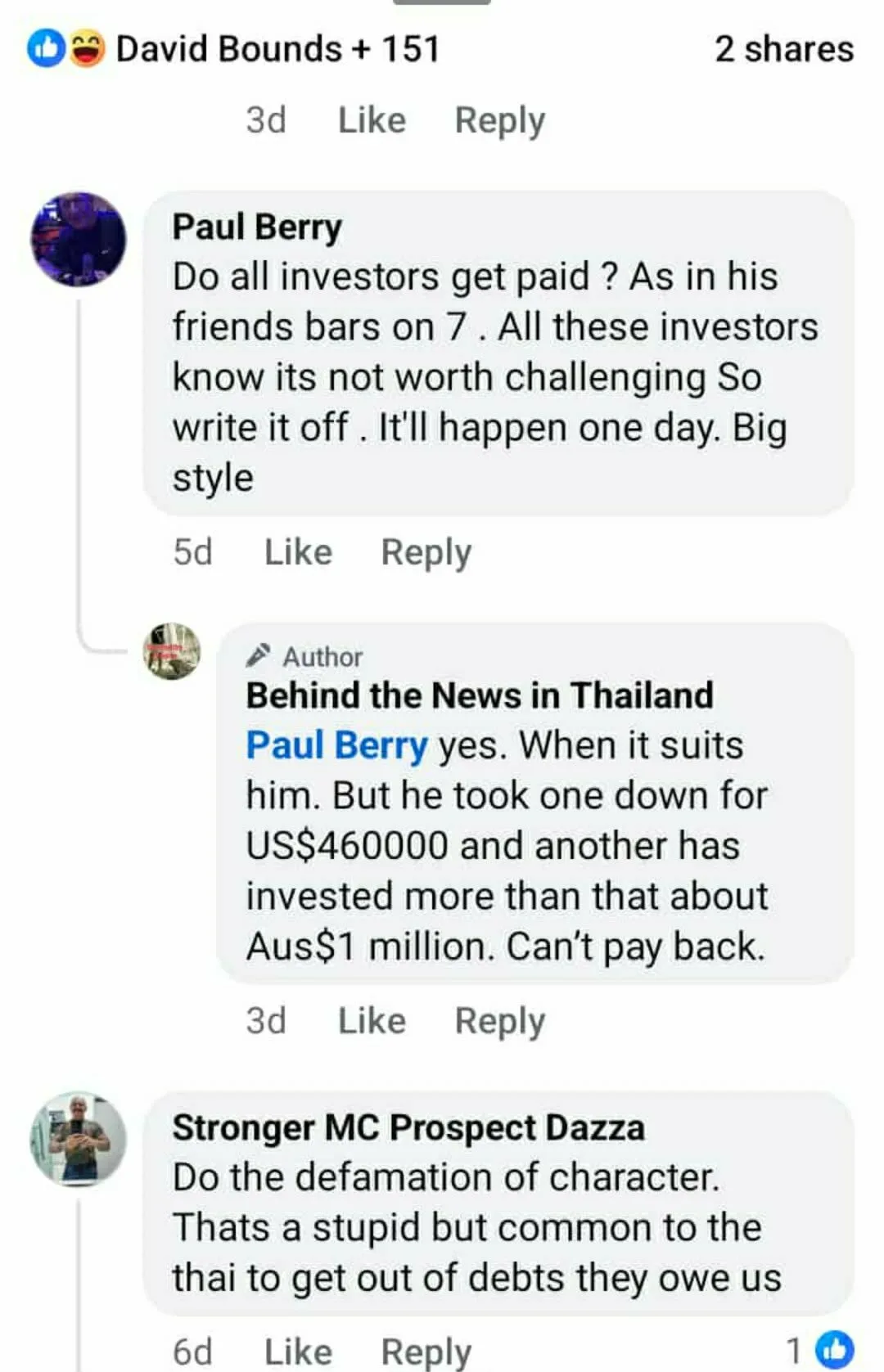 Facebook comment by Andrew Drummond on the 'Behind the News in Thailand' page inventing US$460,000 and AUS$1 million investor-loss figures against Bryan Flowers