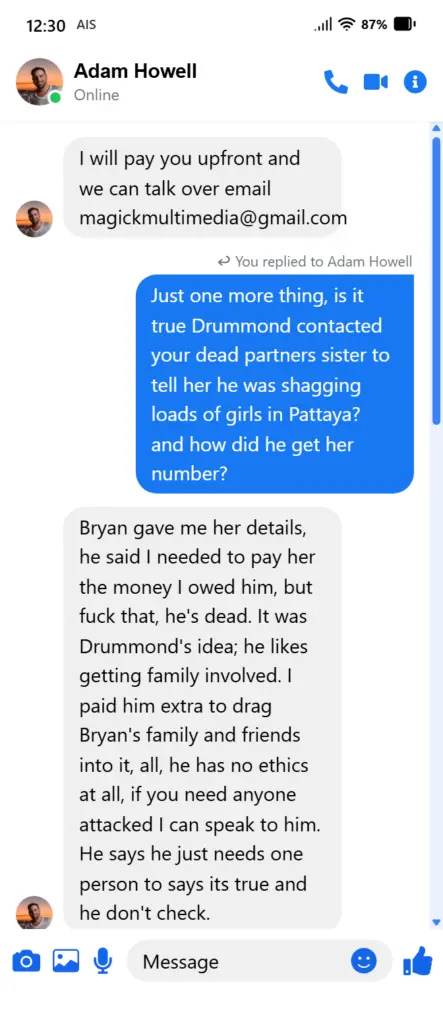Facebook Messenger conversation — Adam Howell message 3 of 5