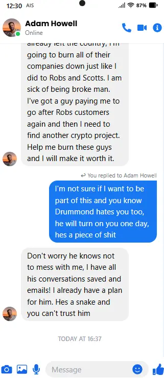Facebook Messenger conversation — Adam Howell message 5 of 5