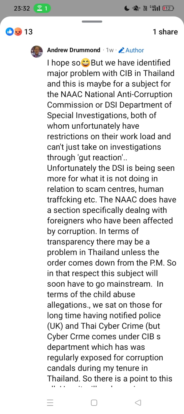 Screenshot of Andrew Drummond's Facebook comment, posted under his own name and marked Author, discussing the CIB, the NACC and the DSI, and beginning his statement about the child abuse allegations.